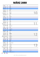 Kalender März 2080 im Hochformat mit Notizbereich