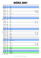 Kalender März 2081 im Hochformat mit Notizbereich