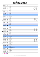 Kalender März 2083 im Hochformat mit Notizbereich