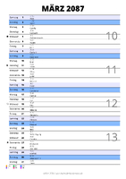 Kalender März 2087 im Hochformat mit Notizbereich