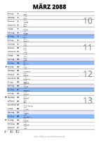 Kalender März 2088 im Hochformat mit Notizbereich