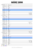 Kalender März 2090 im Hochformat mit Notizbereich