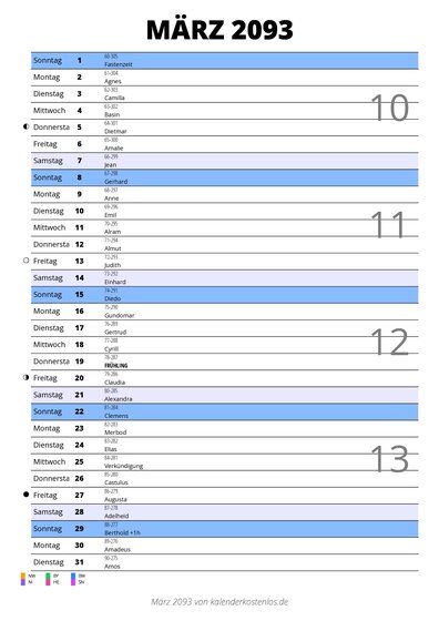 Kalender März 2093 im Hochformat mit Notizbereich