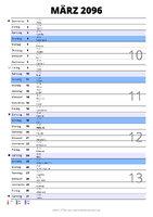 Kalender März 2096 im Hochformat mit Notizbereich