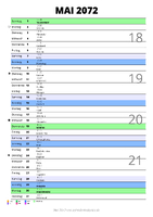 Kalender Mai 2072 im Hochformat mit Notizbereich