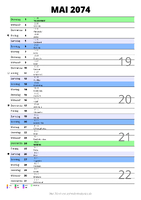 Kalender Mai 2074 im Hochformat mit Notizbereich