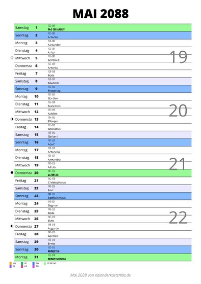 Kalender Mai 2088 im Hochformat mit Notizbereich