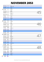 Kalender November 2053 im Hochformat mit Notizbereich