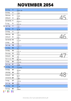 Kalender November 2054 im Hochformat mit Notizbereich