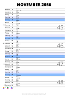Kalender November 2056 im Hochformat mit Notizbereich