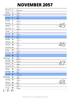 Kalender November 2057 im Hochformat mit Notizbereich