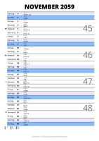 Kalender November 2059 im Hochformat mit Notizbereich