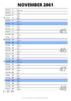 Kalender November 2061 im Hochformat mit Notizbereich