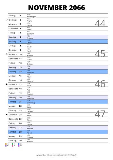 Kalender November 2066 im Hochformat mit Notizbereich