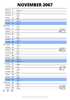 Kalender November 2067 im Hochformat mit Notizbereich