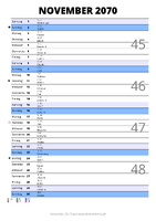 Kalender November 2070 im Hochformat mit Notizbereich