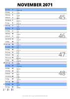 Kalender November 2071 im Hochformat mit Notizbereich