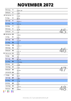 Kalender November 2072 im Hochformat mit Notizbereich