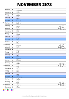 Kalender November 2073 im Hochformat mit Notizbereich
