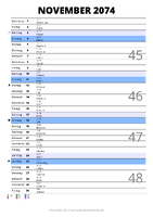 Kalender November 2074 im Hochformat mit Notizbereich