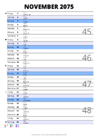 Kalender November 2075 im Hochformat mit Notizbereich