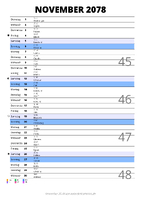 Kalender November 2078 im Hochformat mit Notizbereich