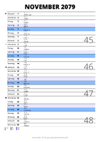 Kalender November 2079 im Hochformat mit Notizbereich
