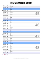 Kalender November 2080 im Hochformat mit Notizbereich