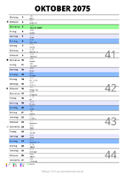 Kalender Oktober 2075 im Hochformat mit Notizbereich