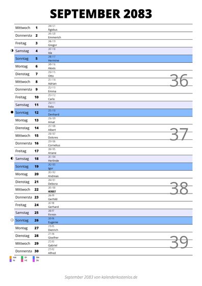 Kalender September 2083 im Hochformat mit Notizbereich