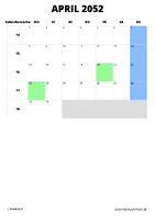Kalender April 2052 Kalender April 2052 im Hochformat