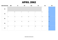 Kalender April 2062 Kalender April 2062 im Querformat