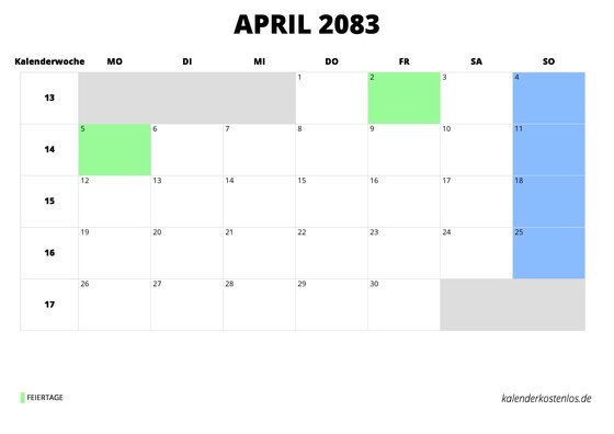 Kalender April 2083 Kalender April 2083 im Querformat