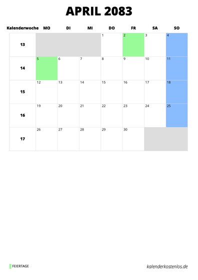 Kalender April 2083 Kalender April 2083 im Hochformat