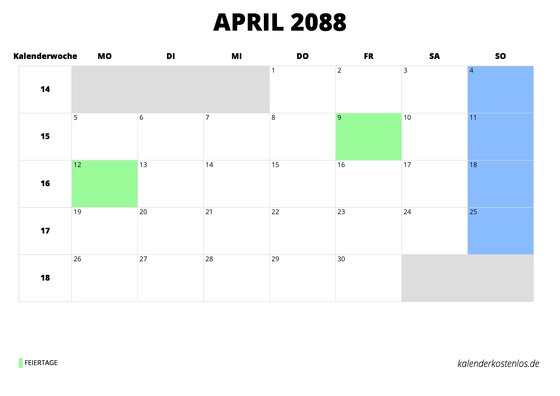 Kalender April 2088 Kalender April 2088 im Querformat