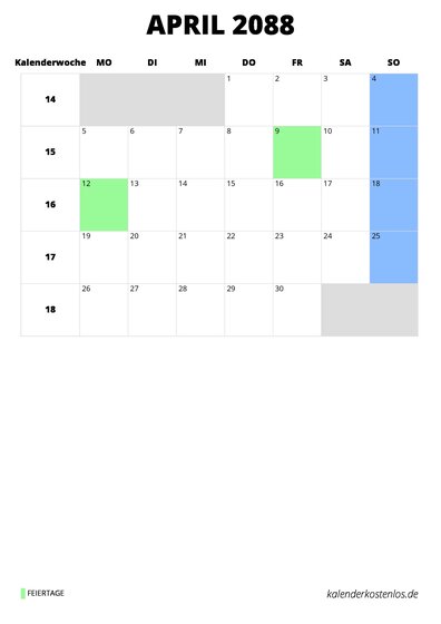 Kalender April 2088 Kalender April 2088 im Hochformat