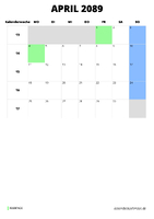 Kalender April 2089 Kalender April 2089 im Hochformat