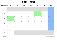 Kalender April 2091 Kalender April 2091 im Querformat