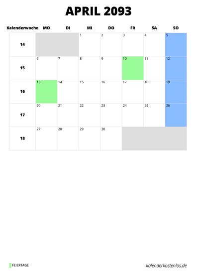 Kalender April 2093 Kalender April 2093 im Hochformat