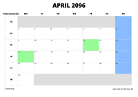 Kalender April 2096 Kalender April 2096 im Querformat