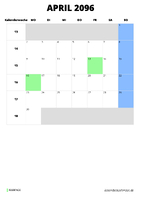 Kalender April 2096 Kalender April 2096 im Hochformat