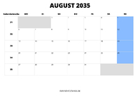 Kalender August 2035 Kalender August 2035 im Querformat