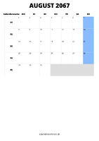 Kalender August 2067 im Hochformat