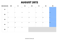 Kalender August 2072 Kalender August 2072 im Querformat
