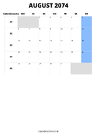 Kalender August 2074 im Hochformat