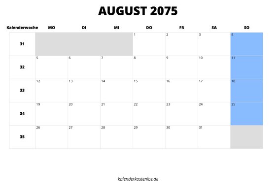 Kalender August 2075 Kalender August 2075 im Querformat