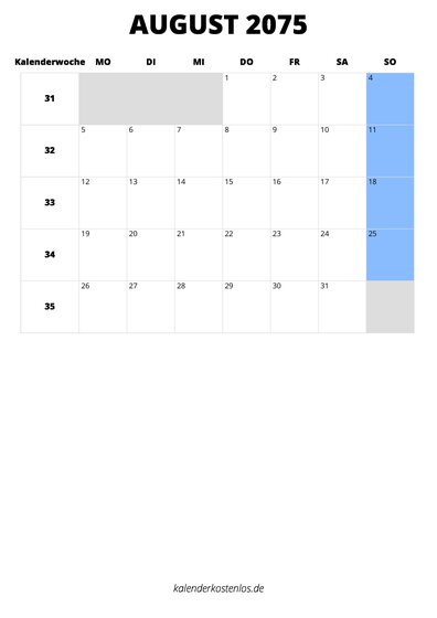 Kalender August 2075 Kalender August 2075 im Hochformat