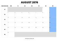 Kalender August 2076 Kalender August 2076 im Querformat