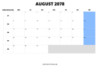 Kalender August 2078 Kalender August 2078 im Querformat