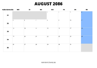 Kalender August 2086 Kalender August 2086 im Querformat